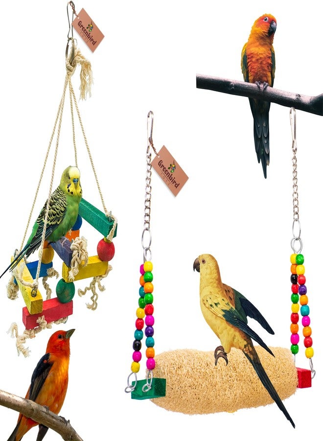 GREENBIRDS Bird Toys Combo Set: 1 Ladder Perch, 1 Mesh Swing, 1 Chew Toy - Cage Accessories for Small to Medium Birds (Parrot, Cockatiel, Budgie)